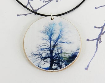 Art Painting Handmade Wood Tree Silhouette Pendant