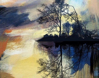 Tree on a Sunset Yellow Lake Art Print Painting Graphic Art Sky Landscape Expressive