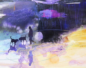 Dog Walker Evening Walk in Purple Turquoise and Yellow Art Print Painting Graphic Art Sky Landscape Expressive