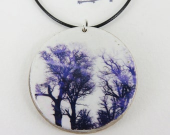 Art Painting Handmade Wood Purple Forest Tree Silhouette Pendant