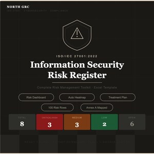 May include: A black digital Information Security Risk Register Excel template for ISO/IEC 27001:2022. It features a shield icon, a risk dashboard, auto heatmap, treatment plan, 100 risk rows, and Annex A mapping with a summary of 8 total risks.