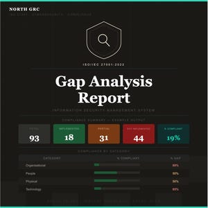 May include: A dark-themed Gap Analysis Report for ISO/IEC 27001:2022 by North GRC. It displays a compliance summary with 93 total items, 18 implemented, 31 partial, 44 not implemented, and 19% compliant, alongside a category breakdown for organisational, people, physical, and technology areas.