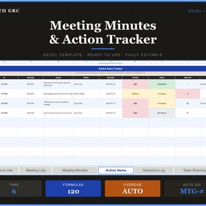 May include: A digital spreadsheet template titled Meeting Minutes & Action Tracker with columns for ID, Meeting, Action, Owner, Due Date, Priority, Status, Gap Left, and Notes. The interface includes navigation tabs and summary boxes for formulas and IDs.
