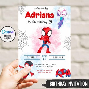 Peut inclure: Un modèle d'invitation d'anniversaire avec des personnages de super-héros, des toiles d'araignée et le texte : swing on by Adriana is turning 3, Saturday Feb 19 at 11:00-1:00PM, 712 Bloom Rd., Love Town, AZ 93002, RSVP to Rachel 123 123 44 55.