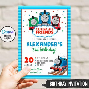 May include: A rectangular birthday invitation card featuring a blue striped border and three cartoon trains at the top. The text reads CALLING ALL FRIENDS, ALEXANDER'S 3rd birthday, 20 JANUARY AT 11:30AM, 789 LAUGHING LANE, JOY CITY, AL 35203, and Rsvp to Mom 567/890/1234.