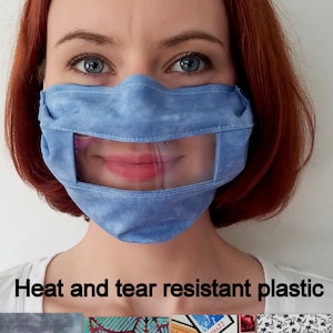 Mask with clear window over mouth (heat resistant plastic) with nose wire for lip reading, deaf friendly, hard of hearing