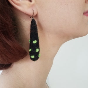 Felted black, long, light  modern earrings decorated by wool yarn or beads - two options!