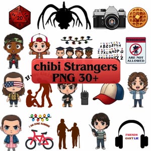 Könnte beinhalten: Eine Sammlung digitaler Aufkleber mit Chibi-Figuren, einem roten zwanzigseitigen Würfel, einer schwarzen spinnenartigen Silhouette, einer Kamera, einer Waffel, einem Fahrrad, einem Funkgerät, Kopfhörern und dem Text "chibi Strangers PNG 30+".