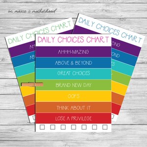 Pode incluir: Um gráfico de escolhas diárias imprimível com um esquema de cores arco-íris. O gráfico tem sete níveis de escolhas, começando com "Ahhh-mazing" e terminando com "Perder um privilégio". Cada nível tem uma caixa de seleção ao lado.