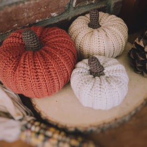 May include: Three crocheted pumpkins in rust orange, cream, and white, each featuring a dark brown stem. The pumpkins are crafted with a ribbed texture and are arranged together, showcasing their rounded shapes and distinct color variations.