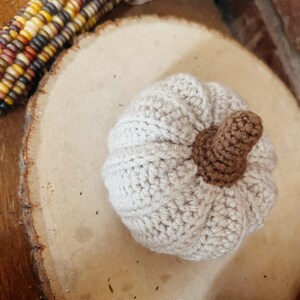 May include: A small, round, crocheted pumpkin in a light cream color with a dark brown stem. The pumpkin features a textured, ribbed surface created by the crochet stitches, giving it a segmented appearance. The stem is short and cylindrical.