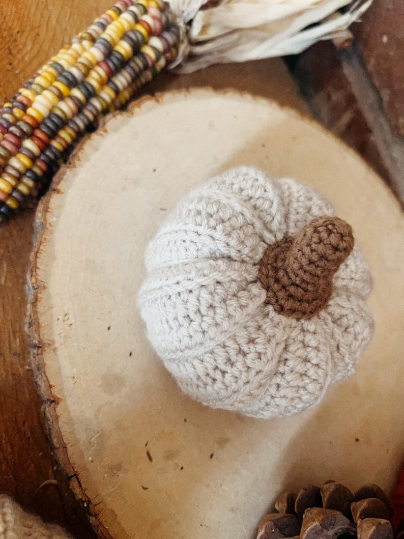 May include: A small, round, crocheted pumpkin in a light cream color with a dark brown stem. The pumpkin features a textured, ribbed surface created by the crochet stitches, giving it a segmented appearance. The stem is short and cylindrical.