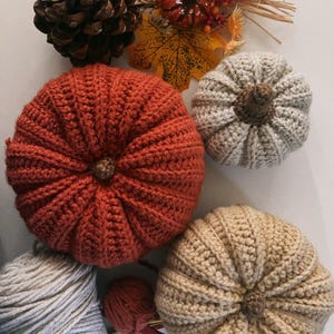 May include: Three crocheted pumpkins in rust, beige, and cream colors with brown stems, accompanied by a large pinecone, a small decorative orange pumpkin, artificial autumn leaves, red berries, and two balls of yarn in cream and rust colors.