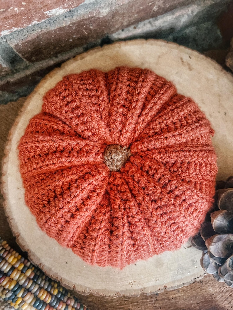 May include: A round, crocheted pumpkin in a burnt orange color with a textured, ribbed surface and a small, brown, tightly crocheted stem at the center. The pumpkin is crafted with visible yarn stitches and features a segmented, rounded shape.
