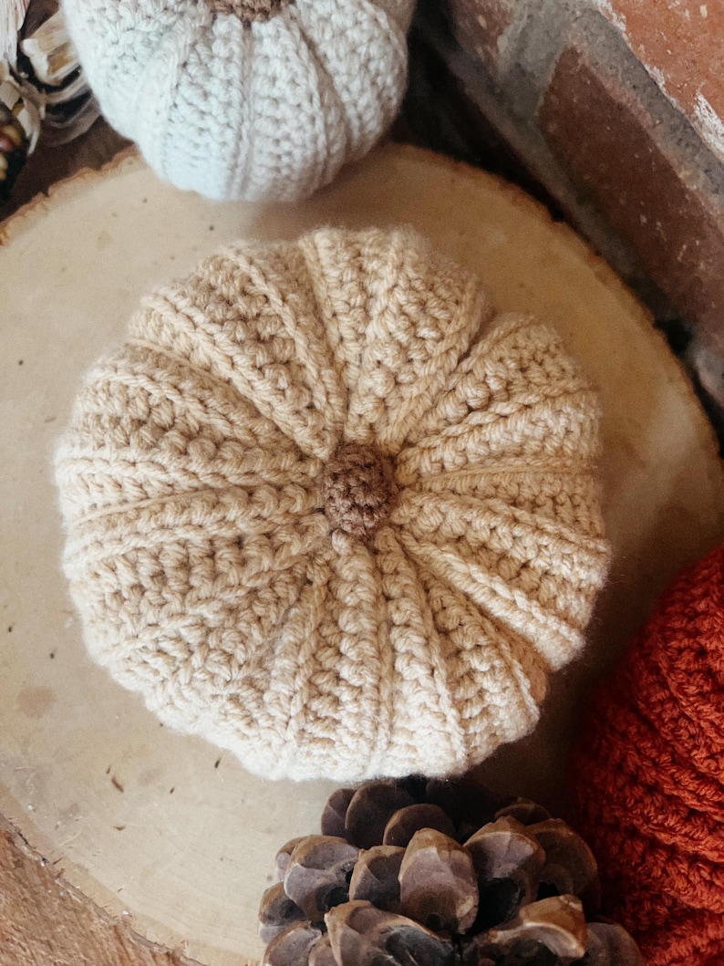 May include: A beige crocheted pumpkin with a brown center stem, featuring a ribbed texture created by yarn stitches. The pumpkin is round and displays a detailed knit pattern throughout its surface, showcasing a soft and textured appearance.