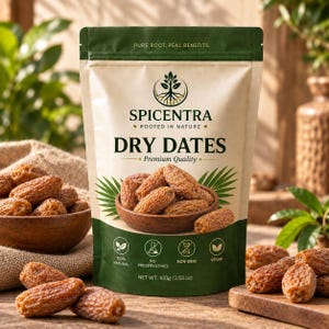 May include: A stand-up pouch of Spicentra dry dates with a net weight of 100g (3.53 oz). The beige and dark green packaging features a logo of a tree with roots, the text 'Dry Dates', and icons indicating the product is natural, non-GMO, and vegan.