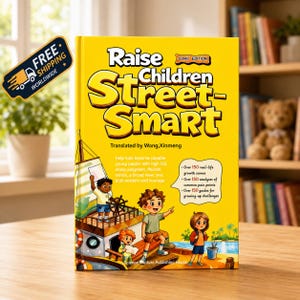 May include: A yellow hardcover book titled Raise Children Street-Smart Comic Edition. The cover features a cartoon illustration of children on a boat, with text describing the book's content regarding real-life growth scenes and guides.