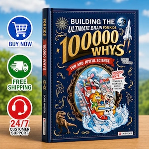 May include: A dark blue hardcover book titled Building the Ultimate Brain for Kids 100000 Whys by Doris Walton. The cover features gold text, a rocket, a dinosaur, and a cartoon illustration of animals on a roller coaster splashing through water.