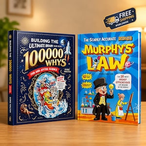 May include: Two hardcover books titled Building the Ultimate Brain 100000 Whys and The Scarily Accurate Caricature Murphy's Law by Doris Walton. The first book features a rocket and science illustrations, while the second shows a scientist.