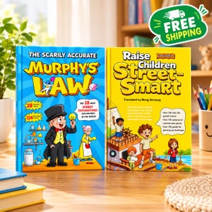 May include: Two hardcover books stand side-by-side. The blue book is titled The Scarily Accurate Murphy's Law and features a cartoon man in a top hat and a woman in an apron. The yellow book is titled Raise Children Street-Smart and shows children on a boat.