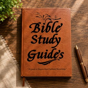 May include: A brown leather-textured notebook with the black text "Bible Study Guide's" and "A Guide to Deepen Your Faithand Knowledge" printed on the front cover, featuring a small cross icon above the main title text.
