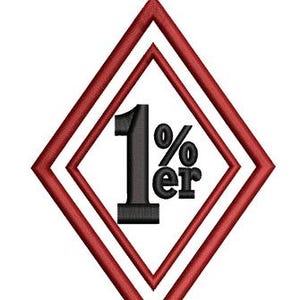 May include: An embroidered patch featuring a diamond shape with a red border and a white center. The black text 1%er is centered within the diamond. The design uses thick stitching to create a textured appearance on the fabric surface.