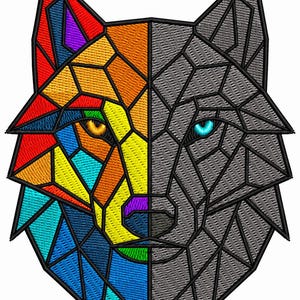 Geometric Wolf Face Machine Embroidery Design, Half Color Wolf Embroidery File, Multi Color PES DST JEF Format Instant Download Digital File