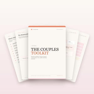 May include: A workbook titled The Couples Toolkit with a cream-colored cover, featuring black and orange text. The cover displays the subtitle Practical worksheets, tools & exercises for communication, trust, conflict and lasting connection.