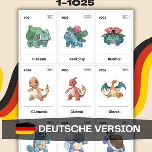 Könnte beinhalten: Eine digitale Übersicht mit dem Titel GERMAN NAMES ALL POKEMON KOMPLETTER POKEDEX 1-1025, die ein Raster aus neun illustrierten Kreaturen zeigt, nummeriert von #001 bis #009, mit den Namen Bisasam, Bisaknosp, Bisaflor, Glumanda, Glutexo, Glurak, Schiggy, Schillok und Turtok.