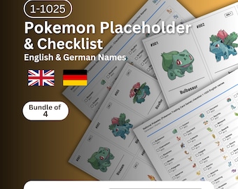 Pokémon Complete Pokédex Placeholder Platzhalter Cards (No. 1–1025, English Names, German Names) | Photo Checklist Printable PDF