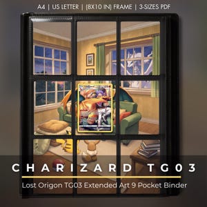 May include: A black 9-pocket trading card binder featuring a Charizard TG03 card in the center. The binder displays an extended art illustration of a living room with a Charizard, a trainer, a Pikachu, and an Eevee. Text reads A4 | US LETTER | (8X10 IN) FRAME | 3-SIZES PDF and CHARIZARD TG03 Lost Origon TG03 Extended Art 9 Pocket Binder.