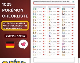 Pokémon Pokédex Checklist 1–1025 | All Pokémon with pictures & German names | Complete Pokédex list | A4 PDF