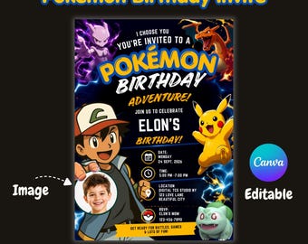 Editable Pokémon Birthday Invitation | Pokémon Adventure Card Theme | Custom Pikachu Birthday Party Invite | Canva Template