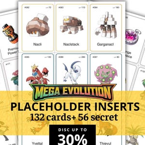 Op de afbeelding: Een verzameling Pokémon-ruilkaart-placeholder-inlays met illustraties van Nacli, Naclstack, Garganacl en andere wezens. De weergave bevat de tekst Mega Evolution, 132 cards plus 56 secret en een kortingsaanbieding van 30%.