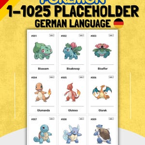 Puede incluir: Una cuadrícula de nueve tarjetas de personajes Pokemon sobre un fondo amarillo con el texto POKEMON 1-1025 PLACEHOLDER GERMAN LANGUAGE. Cada tarjeta muestra una ilustración numerada y su nombre, incluyendo Bisasam, Bisaknosp, Bisaflor, Glumanda, Glutexo, Glurak, Schiggy, Schillok y Turtok.