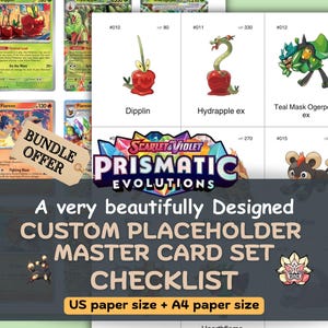 Könnte beinhalten: Eine benutzerdefinierte Checkliste für das Scarlet & Violet Prismatic Evolutions Kartenset mit Rasterlayouts verschiedener Pokémon-Charaktere wie Dipplin, Hydrapple ex und Teal Mask Ogerpon ex. Das Dokument enthält Textbeschriftungen, KP-Werte und ein Bündelangebot.