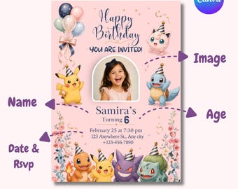 Pokémon Girl Birthday Invitation with Photo | Editable Canva Template | Cute Pikachu Party Invite | Digital Download