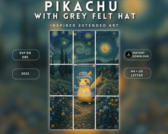Pikachu with Grey Felt Hat Extended Art Binder Insert | Van Gogh Pikachu SVP 085 | Pokémon 9 Pocket Binder Page | A4 & US Letter Printable