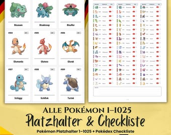 Alle Pokémon 1–1025 | Deutsche Platzhalter + Pokédex Foto-Checkliste | Pokédex List Deutsche Namen | Digitaler Download