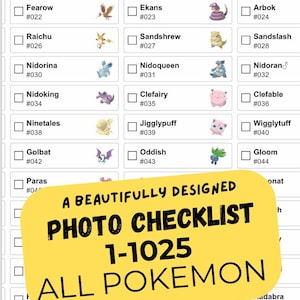 May include: A printed checklist featuring a grid of Pokemon names, identification numbers, and small character illustrations. A yellow overlay banner displays the black text: A BEAUTIFULLY DESIGNED PHOTO CHECKLIST 1-1025 ALL POKEMON.