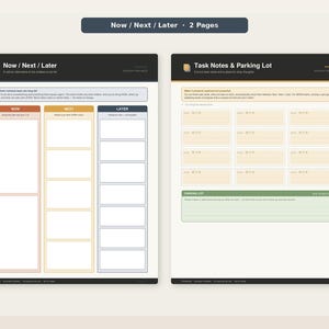 May include: A two-page printable planner set featuring a Now/Next/Later task board with color-coded columns and a Task Notes & Parking Lot page with grid sections for organizing thoughts, tasks, and notes on a clean white background.