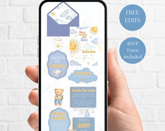 May include: A smartphone screen displaying a digital baby shower invitation set with a sun and cloud theme. The design features text including Here comes the Son, Registry, Location, Books for baby, Diaper Raffle, and RSVP. The graphics include a teddy bear.