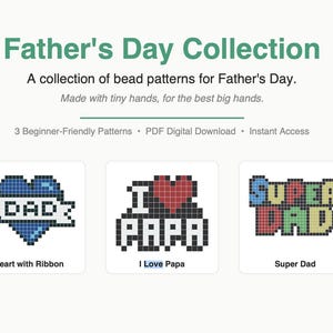 Könnte beinhalten: Ein digitaler Download mit einer Vatertags-Kollektion aus drei Pixel-Art-Perlenmustern. Die Designs umfassen ein blaues Herz mit einem weißen Band mit der Aufschrift DAD, den Text I LOVE PAPA mit einem roten Herz und den bunten Text SUPER DAD.