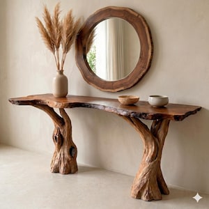 May include: A console table with a natural live-edge wood top supported by two thick, gnarled tree trunk bases. Above the table hangs a round mirror with a thick, irregular wood frame. A beige vase with dried pampas grass and two small bowls sit on top.