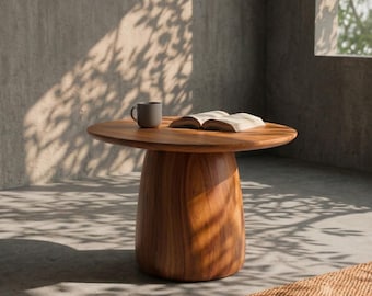 Solid Wood Round Pedestal Table, Japandi Wabi Sabi Accent Furniture