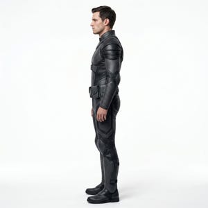 May include: A black full-body suit featuring structured shoulder padding, textured forearm panels, and a utility belt with a small pouch. The suit includes reinforced knee sections and matching black boots, providing a sleek, uniform appearance.