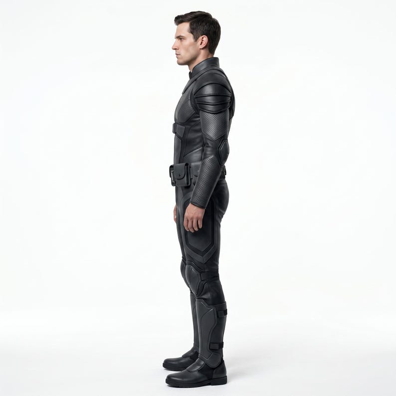 May include: A black full-body suit featuring structured shoulder padding, textured forearm panels, and a utility belt with a small pouch. The suit includes reinforced knee sections and matching black boots, providing a sleek, uniform appearance.