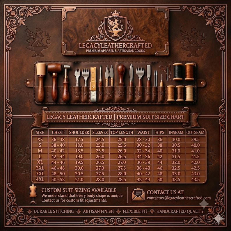 K&ouml;nnte beinhalten: Eine braune Lederanzeige mit einem Set von Lederwerkzeugen in einer Rolltasche, darunter H&auml;mmer, Nadeln und Garnrollen. Darunter befindet sich eine Legacy Leathercrafted Gr&ouml;&szlig;entabelle f&uuml;r Anz&uuml;ge mit den entsprechenden Ma&szlig;en.