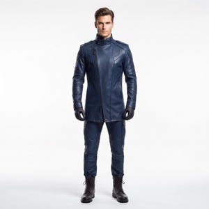 Traje de comando de cuero azul zafiro medianoche para hombre / Conjunto táctico urbano personalizado / Chaqueta y pantalón de cuero genuino hechos a mano / Elegante equipo de acción