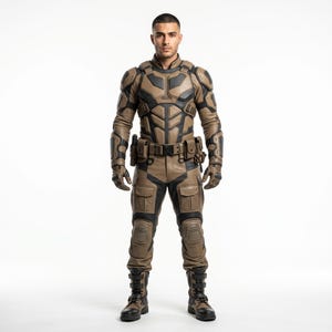 May include: A tan and black tactical suit featuring a reinforced chest plate, shoulder guards, and forearm armor. The ensemble includes a utility belt with pouches, matching trousers with cargo pockets, knee pads, and high-top tactical boots.